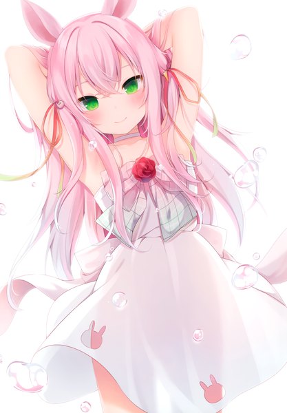 Anime picture 2440x3513 with original nachi single long hair tall image looking at viewer blush fringe highres simple background smile standing white background green eyes animal ears payot pink hair scan arms up bunny ears