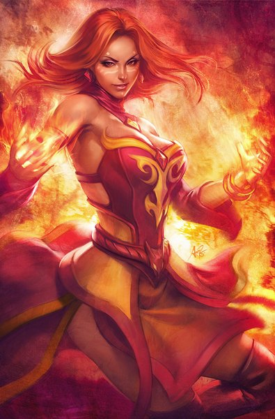 Anime picture 725x1101 with dota 2 (game) lina (dota 2) artgerm (stanley lau) single tall image looking at viewer short hair red eyes signed red hair realistic magic facial mark girl earrings thigh boots flame