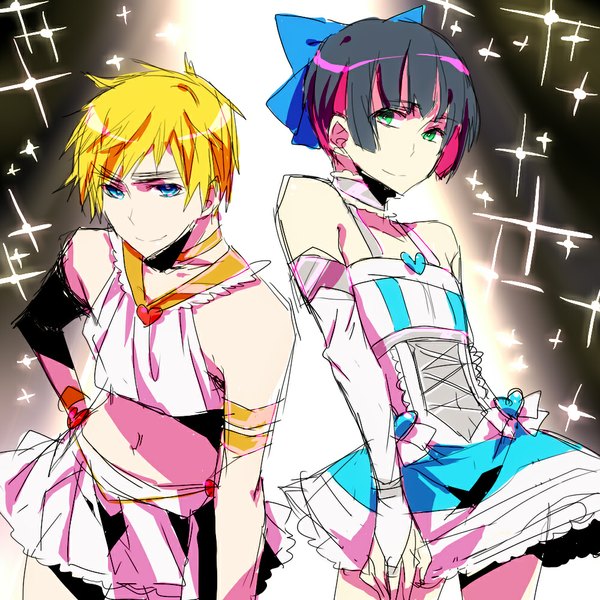 Anime picture 1000x1000 with axis powers hetalia panty & stocking with garterbelt studio deen united kingdom (hetalia) japan (hetalia) catgirl0926 looking at viewer short hair blue eyes black hair blonde hair simple background smile white background bare shoulders green eyes pink hair multicolored hair two-tone hair multiple boys