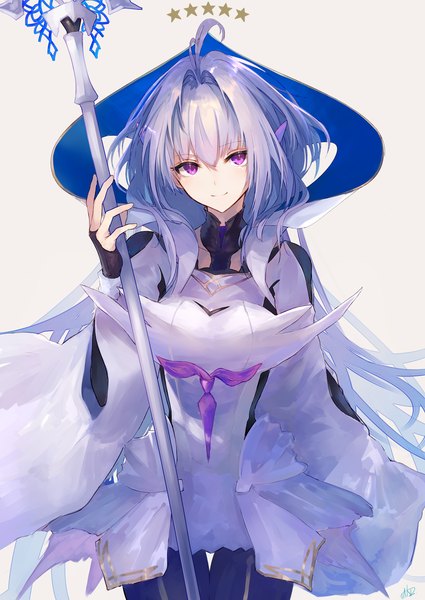Anime picture 1469x2074 with fate (series) fate/grand order fate/prototype merlin (fate/prototype) jazztaki single long hair tall image looking at viewer fringe simple background smile hair between eyes purple eyes silver hair upper body ahoge girl star (symbol) staff