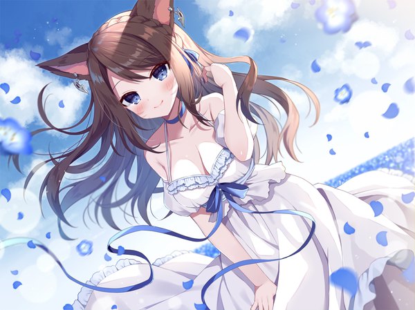 Anime picture 1200x898 with final fantasy final fantasy xiv square enix miqo'te mauve single long hair looking at viewer blush breasts blue eyes light erotic smile brown hair large breasts sky cleavage cloud (clouds) outdoors braid (braids)