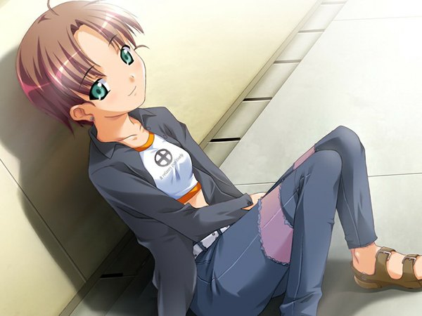 Anime picture 1024x768 with anonono single looking at viewer short hair brown hair sitting green eyes game cg light smile sunlight shadow knees together feet apart girl pants sandals