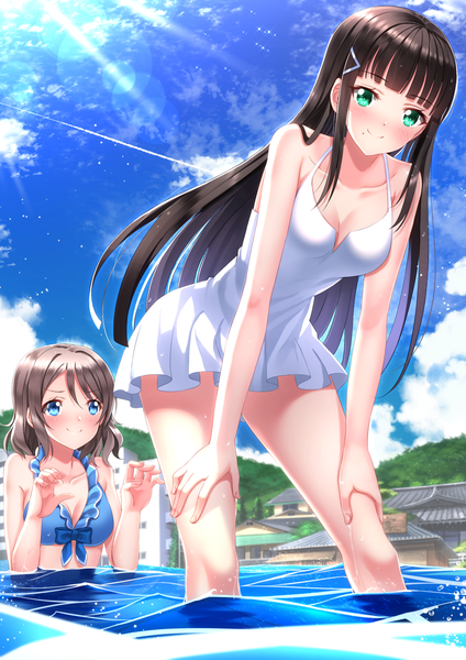 Anime picture 1102x1560 with love live! sunshine!! sunrise (studio) love live! watanabe you kurosawa dia swordsouls long hair tall image looking at viewer blush fringe blue eyes black hair smile hair between eyes brown hair multiple girls green eyes looking away sky