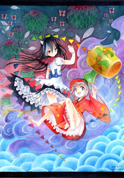 Anime picture 1048x1500 with touhou kijin seija sukuna shinmyoumaru mosho long hair tall image looking at viewer blush short hair open mouth black hair smile red eyes multiple girls signed traditional clothes japanese clothes barefoot horn (horns) looking up