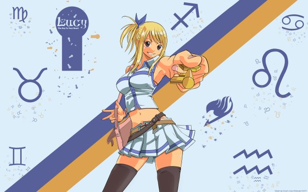 Anime picture 2560x1600 with fairy tail lucy heartfilia dutchlion single long hair highres breasts blonde hair smile wide image large breasts standing bare shoulders holding brown eyes signed payot nail polish pleated skirt fingernails