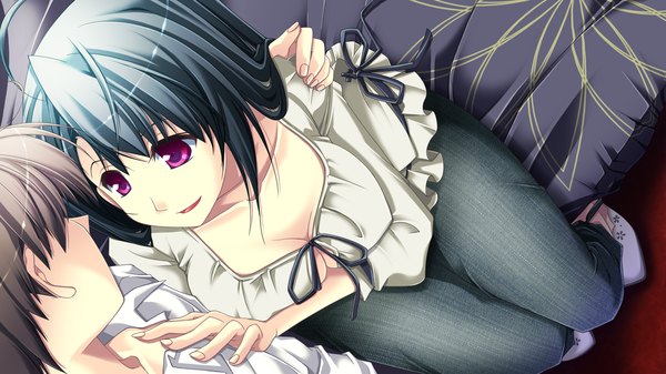 Anime picture 1280x720 with end sleep long hair short hair open mouth light erotic black hair brown hair wide image purple eyes game cg couple hug breast padding girl boy bed