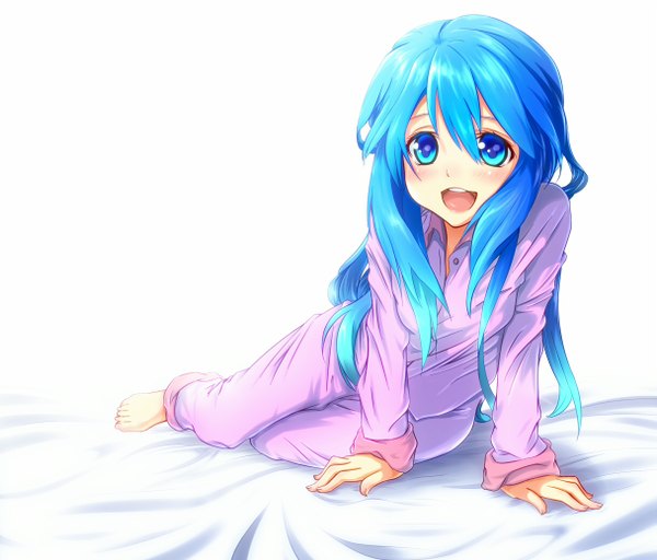 Anime picture 1216x1038 with original masurao (6922) single long hair looking at viewer blush open mouth blue eyes simple background white background blue hair barefoot girl pajamas