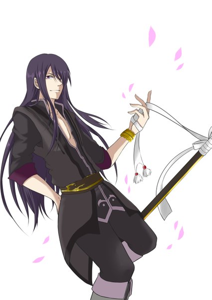 Anime picture 1075x1518 with tales of (series) tales of vesperia yuri lowell oyatunoousama single long hair tall image looking at viewer simple background white background purple eyes purple hair hand on hip boy weapon sword bracelet katana