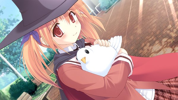 Anime picture 1024x576 with sanarara r nekoneko soft single short hair blonde hair red eyes wide image twintails game cg loli short twintails girl uniform school uniform animal bird (birds) witch hat pigeon