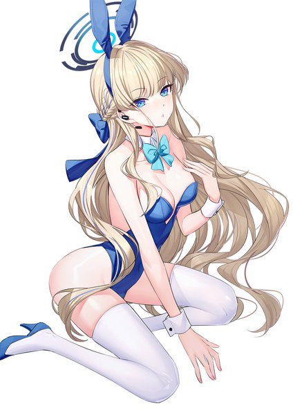 Anime picture 900x1275 with blue archive toki (blue archive) toki (bunny) (blue archive) ririko (zhuoyandesailaer) single long hair tall image looking at viewer blush fringe breasts blue eyes light erotic simple background blonde hair white background sitting animal ears blunt bangs braid (braids)