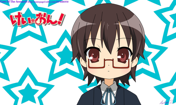 Anime picture 1280x768 with k-on! kyoto animation manabe nodoka single looking at viewer short hair red eyes brown hair wide image upper body copyright name transparent background vector girl glasses star (symbol)