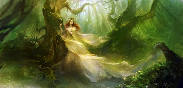 Anime picture 1000x486 with original rong rong (shenhaiyuyou) single long hair brown hair wide image standing sunlight wavy hair girl dress plant (plants) tree (trees) grass crown forest