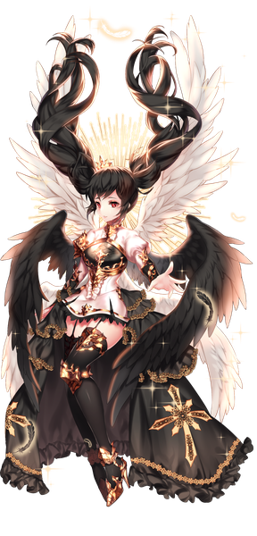Anime picture 1500x3125 with original black joa single long hair tall image looking at viewer black hair red eyes twintails transparent background girl thighhighs dress black thighhighs wings feather (feathers)