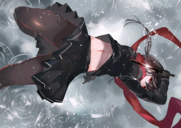 Anime picture 2200x1556 with tenka hyakken sayo samonji (tenka hyakken) vardan single long hair looking at viewer fringe highres breasts light erotic black hair hair between eyes red eyes holding long sleeves pleated skirt midriff shaded face rain covered mouth