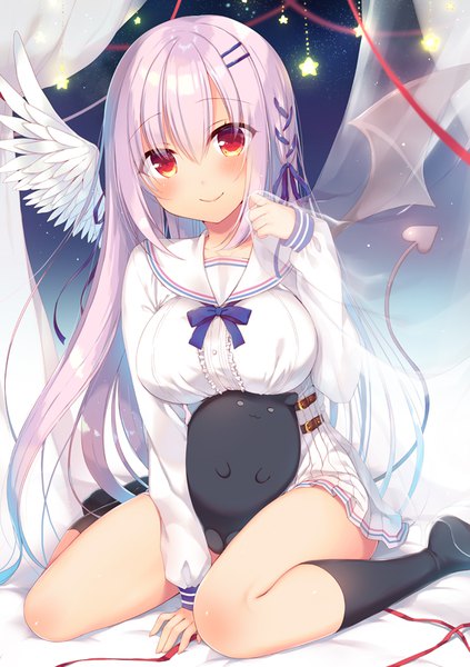 Anime picture 600x850 with original sazaki ichiri single long hair tall image looking at viewer blush fringe breasts light erotic smile hair between eyes red eyes large breasts sitting pink hair full body tail arm support no shoes