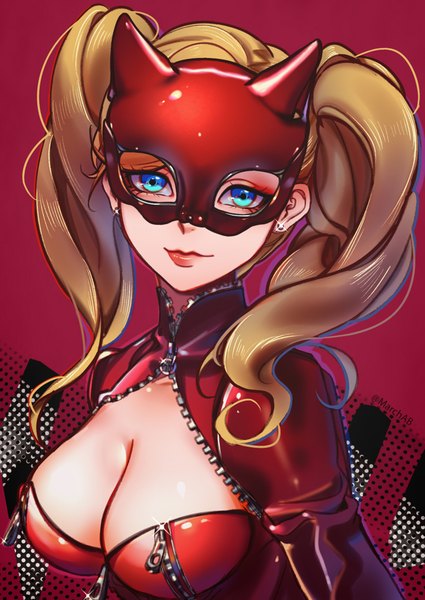 Anime picture 651x918 with persona 5 persona takamaki anne marchab 66 single long hair tall image looking at viewer fringe breasts blue eyes light erotic simple background blonde hair twintails signed cleavage upper body light smile sparkle