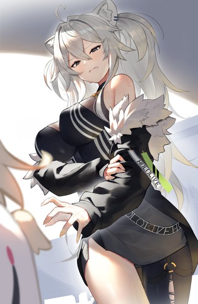Anime picture 2119x3250 with virtual youtuber hololive shishiro botan shishiro botan (1st costume) scottie (phantom2) single long hair tall image looking at viewer fringe highres breasts light erotic hair between eyes large breasts standing twintails animal ears payot silver hair