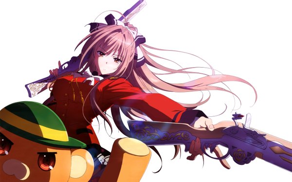 Anime picture 6010x3747 with amagi brilliant park kyoto animation sento isuzu long hair looking at viewer highres simple background brown hair wide image white background brown eyes absurdres ponytail scan girl uniform weapon school uniform gun musket