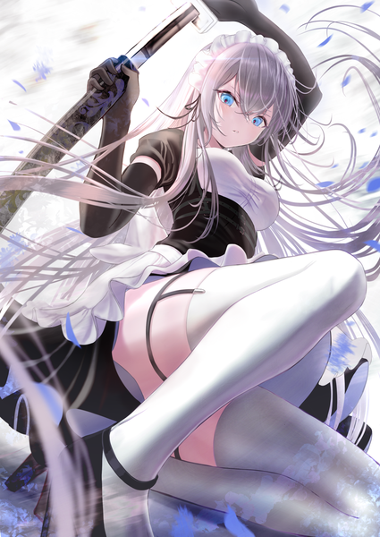 Anime picture 2150x3035 with original hou no ka single long hair tall image fringe highres breasts blue eyes light erotic hair between eyes holding silver hair parted lips arm up from below short sleeves zettai ryouiki squat angry