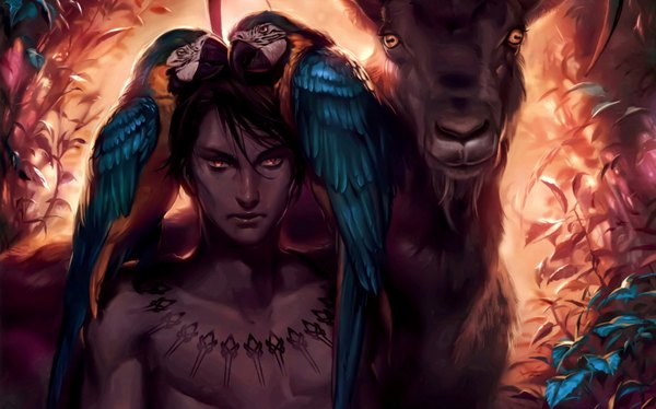 Anime picture 4334x2708 with original midori foo highres short hair black hair wide image absurdres scan orange eyes tattoo dark skin topless boy plant (plants) animal bird (birds) goat