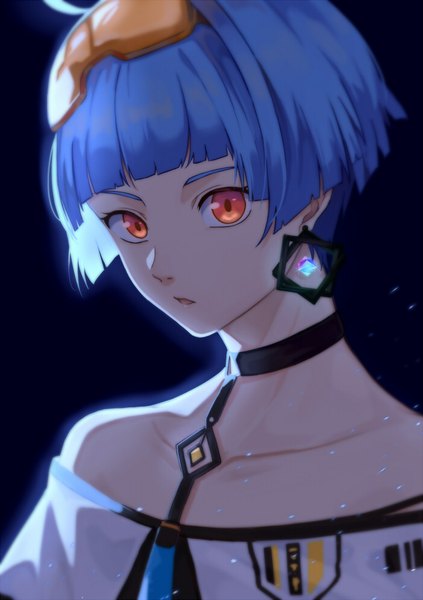 Anime picture 700x993 with girls frontline zas m21 (girls frontline) meipoi single tall image looking at viewer short hair simple background bare shoulders blue hair ahoge orange eyes black background portrait girl earrings