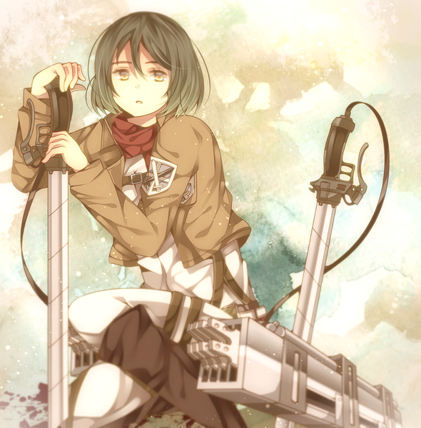 Anime picture 1564x1592 with shingeki no kyojin production i.g mikasa ackerman shiina (s kashi s) single tall image looking at viewer short hair black hair yellow eyes open clothes open jacket girl weapon sword scarf red scarf
