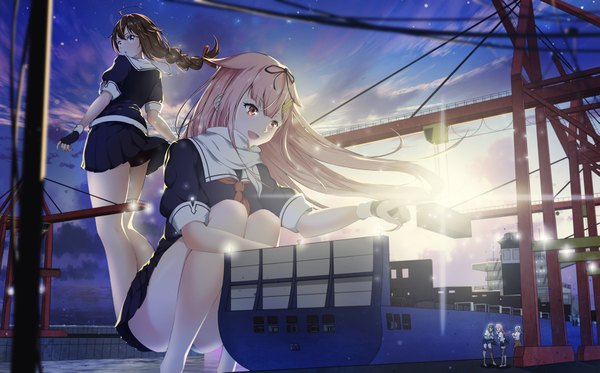 イラスト 1713x1065 と 艦隊これくしょん 時雨(艦これ) 夕立(艦これ) 夕張(艦これ) 明石(艦これ) 大淀(艦これ) senjougahala 長髪 highres 開いた口 青い目 light erotic 茶色の髪 wide image 立つ multiple girls 茶目 空 cloud (clouds) outdoors