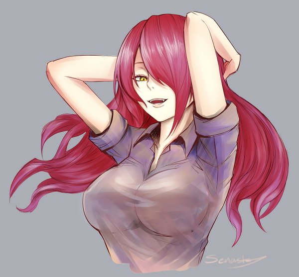 Anime picture 1392x1294 with shokugeki no soma j.c. staff kobayashi rindou senasky single long hair looking at viewer fringe breasts open mouth light erotic simple background large breasts signed yellow eyes pink hair upper body hair over one eye grey background fang (fangs)