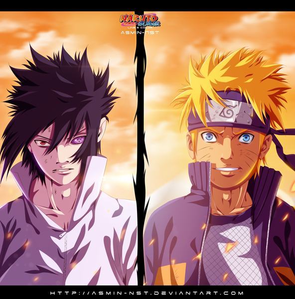 Anime picture 2001x2028 with naruto studio pierrot naruto (series) uzumaki naruto uchiha sasuke iitheluciferii tall image highres short hair blue eyes black hair blonde hair smile red eyes purple eyes sky cloud (clouds) sunlight inscription heterochromia