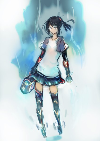 Anime picture 2480x3508 with original okuto single tall image looking at viewer fringe highres short hair breasts black hair brown eyes payot full body ponytail light smile midair mechanical arms girl skirt miniskirt
