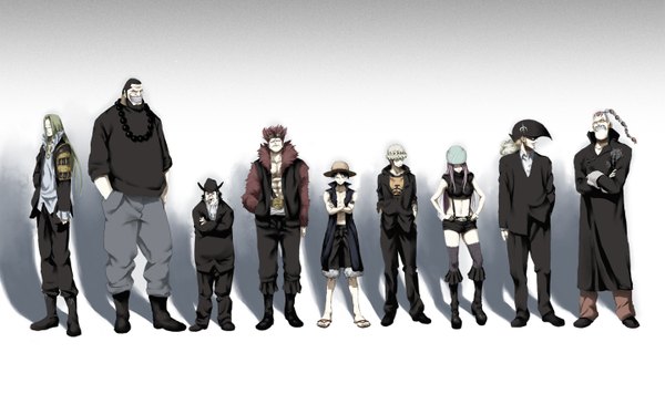 Anime picture 1440x900 with one piece ghost in the shell ghost in the shell: stand alone complex toei animation monkey d. luffy trafalgar law jewelry bonnie eustass kid basil hawkins scratchmen apoo x drake urouge capone gang bege iridori long hair looking at viewer short hair breasts black hair simple background