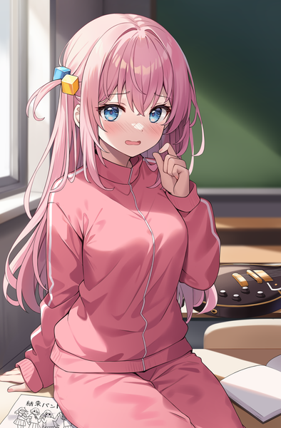 Anime picture 2000x3046 with bocchi the rock! cloverworks gotou hitori hitsukuya single long hair tall image looking at viewer blush fringe highres open mouth blue eyes hair between eyes sitting pink hair indoors long sleeves arm support one side up
