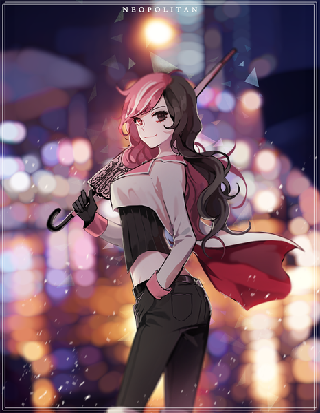 Anime picture 740x951 with rwby rooster teeth neopolitan (rwby) ecru single long hair tall image looking at viewer fringe smile hair between eyes holding looking back multicolored hair blurry inscription depth of field character names hand on hip heterochromia