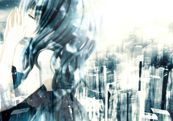 Anime picture 1280x900 with vocaloid hatsune miku single long hair black hair eyes closed girl