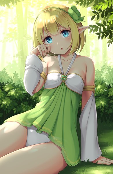 Anime picture 760x1170 with original sasaame single tall image looking at viewer blush fringe short hair open mouth blue eyes light erotic blonde hair bare shoulders outdoors blunt bangs head tilt pointy ears arm support :o elf