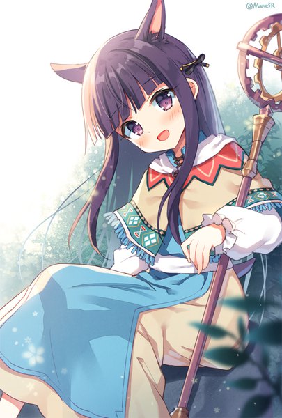 Anime picture 700x1036 with princess connect! re:dive princess connect! kasumi (princess connect!) mauve single long hair tall image looking at viewer blush fringe open mouth black hair purple eyes signed animal ears outdoors blunt bangs head tilt :d twitter username