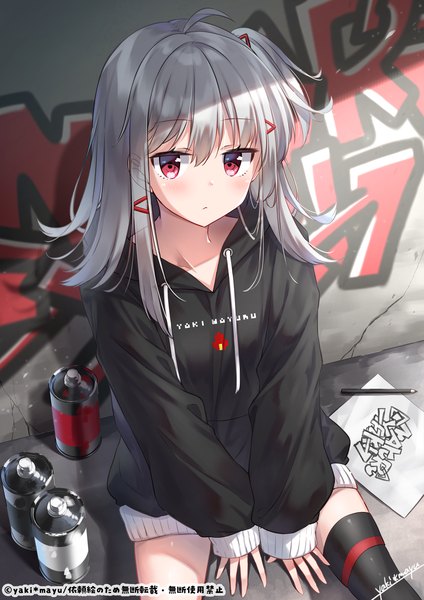 Anime picture 1240x1754 with original virtual youtuber indie virtual youtuber yaki mayuru yaki mayu single long hair tall image looking at viewer blush fringe hair between eyes red eyes sitting ahoge long sleeves grey hair one side up against wall between thighs