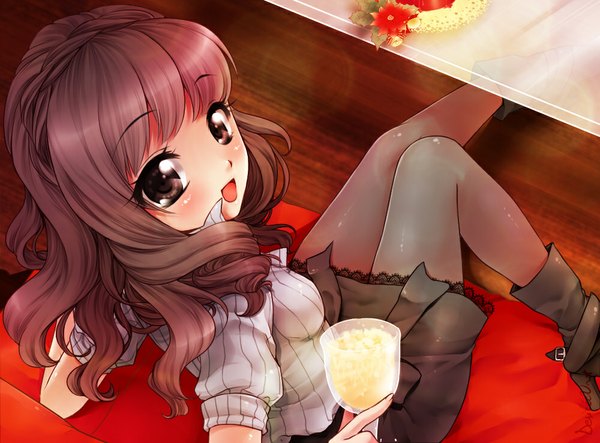 Anime picture 1000x739 with original denise (artist) single long hair looking at viewer blush open mouth sitting brown eyes red hair new year girl skirt wine glass