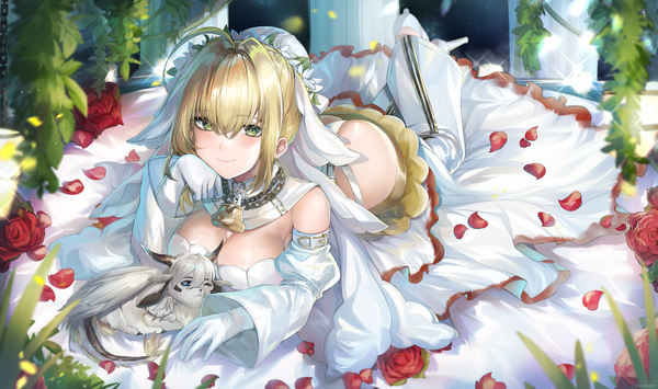 Anime picture 7350x4350 with fate (series) fate/grand order fate/extra fate/extra ccc nero claudius (fate) (all) nero claudius (bride) (fate) kanniiepan single looking at viewer blush fringe highres short hair breasts light erotic blonde hair hair between eyes wide image large breasts green eyes