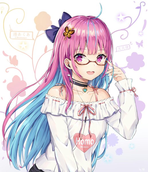 Anime picture 762x885 with virtual youtuber hololive minato aqua hokori sakuni single long hair tall image looking at viewer fringe open mouth simple background smile signed payot pink hair upper body ahoge blunt bangs long sleeves :d