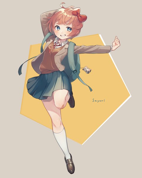 Anime picture 1280x1600 with doki doki literature club sayori (doki doki literature club) shifumame single tall image looking at viewer blush fringe short hair blue eyes simple background smile standing full body ahoge bent knee (knees) long sleeves pleated skirt arm up orange hair