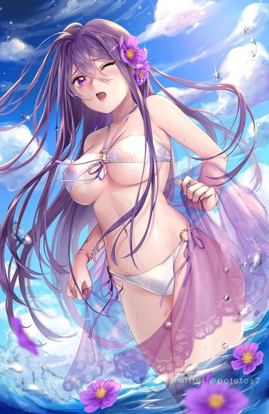 Anime picture 1162x1784 with doki doki literature club yuri (doki doki literature club) potetos7 single long hair tall image blush fringe breasts open mouth light erotic hair between eyes large breasts standing purple eyes holding signed looking away sky purple hair