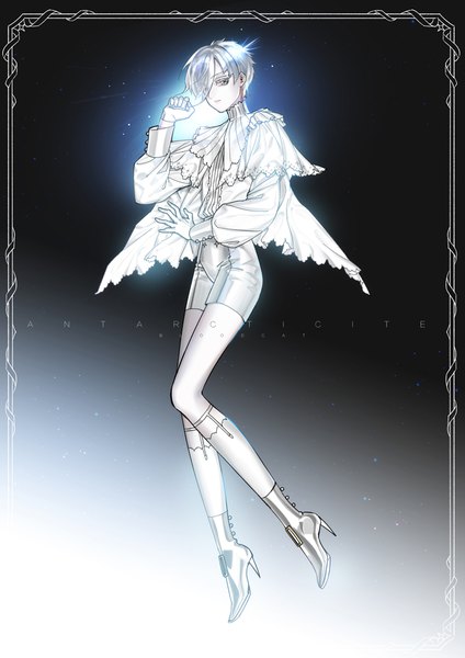 Anime picture 707x1000 with houseki no kuni antarcticite bloodcat (babacatcat) single tall image fringe short hair signed silver hair full body hair over one eye high heels alternate costume character names gradient background silver eyes androgynous gloves socks white gloves