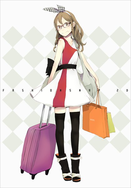 Anime picture 1050x1500 with original yoshito (u10) single long hair tall image blush smile brown hair brown eyes inscription mole fashion girl thighhighs dress ribbon (ribbons) black thighhighs hair ribbon glasses bag