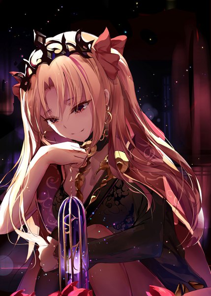 Anime picture 2503x3500 with fate (series) fate/grand order ereshkigal (fate) eien no juu nana-sa single long hair tall image blush fringe highres breasts blonde hair hair between eyes red eyes sitting holding payot light smile two side up looking down