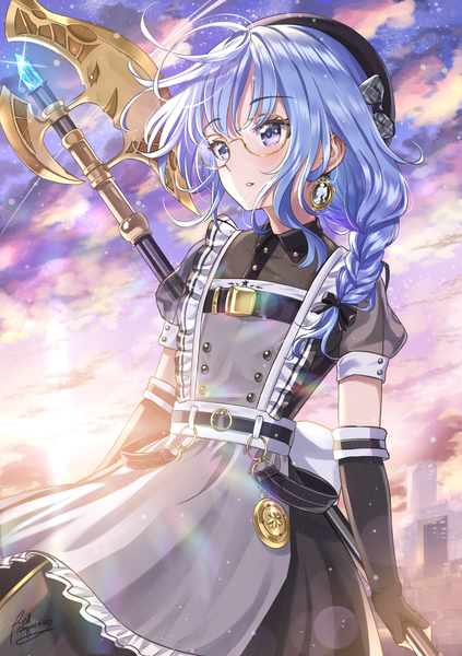 Anime-Bild 1062x1505 mit virtual youtuber hololive hoshimachi suisei hoshimachi suisei (maid) redpepperoni00 single long hair tall image blue eyes blue hair looking away sky cloud (clouds) outdoors braid (braids) puffy sleeves official alternate costume single braid girl gloves