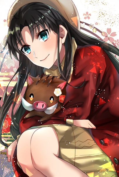 Anime picture 1378x2039 with fate (series) fate/stay night toosaka rin getsuyoubi single long hair tall image looking at viewer blush blue eyes black hair smile sitting new year girl animal beret coat pig