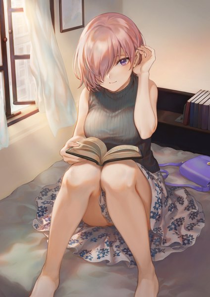 Anime picture 1302x1842 with fate (series) fate/grand order mash kyrielight mashuu (neko no oyashiro) single tall image looking at viewer blush fringe short hair breasts light erotic smile sitting purple eyes pink hair bent knee (knees) indoors barefoot hair over one eye