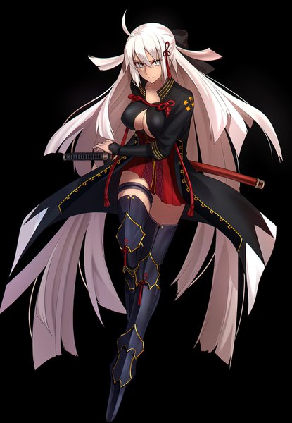 Anime picture 1053x1520 with fate (series) fate/grand order koha-ace okita souji (fate) (all) okita souji alter (fate) shiguru single tall image fringe breasts light erotic simple background hair between eyes standing holding looking away cleavage silver hair full body ahoge