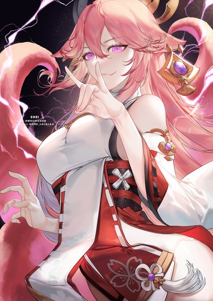 Anime picture 1769x2500 with genshin impact yae miko shei99 single long hair tall image looking at viewer fringe highres breasts smile hair between eyes standing signed animal ears pink hair tail traditional clothes japanese clothes animal tail